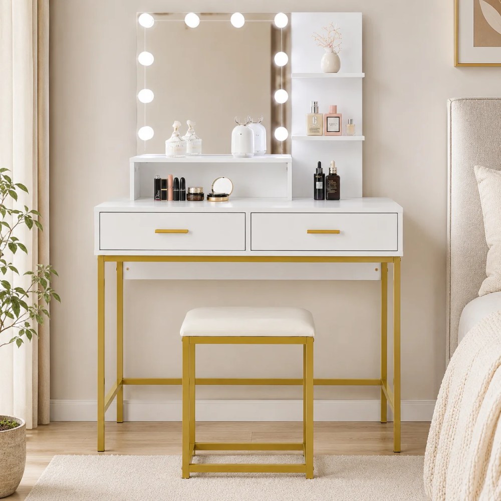Ktaxon Vanity Table Set with 3 Color Lighted Mirror & Stool,Makeup Vanity Dressing Table,2 Drawers and Storage Shelves for Bedroom,Gold Vanity Desk for Women (White)