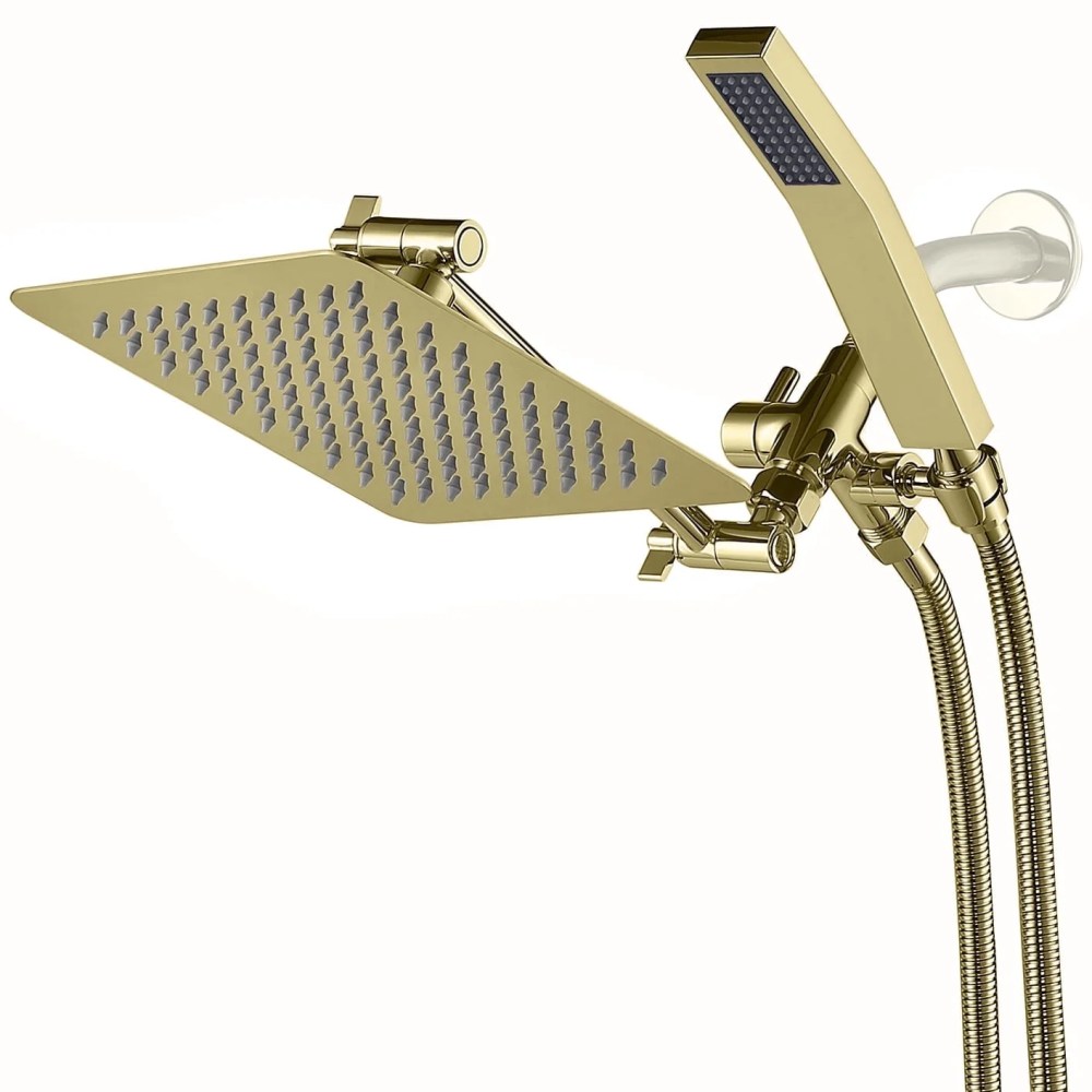 All Metal Dual Square Shower Head Combo,Rain Shower Head with Handheld Shower Wand and Extra Long Flexible Hose (Polished Brass)