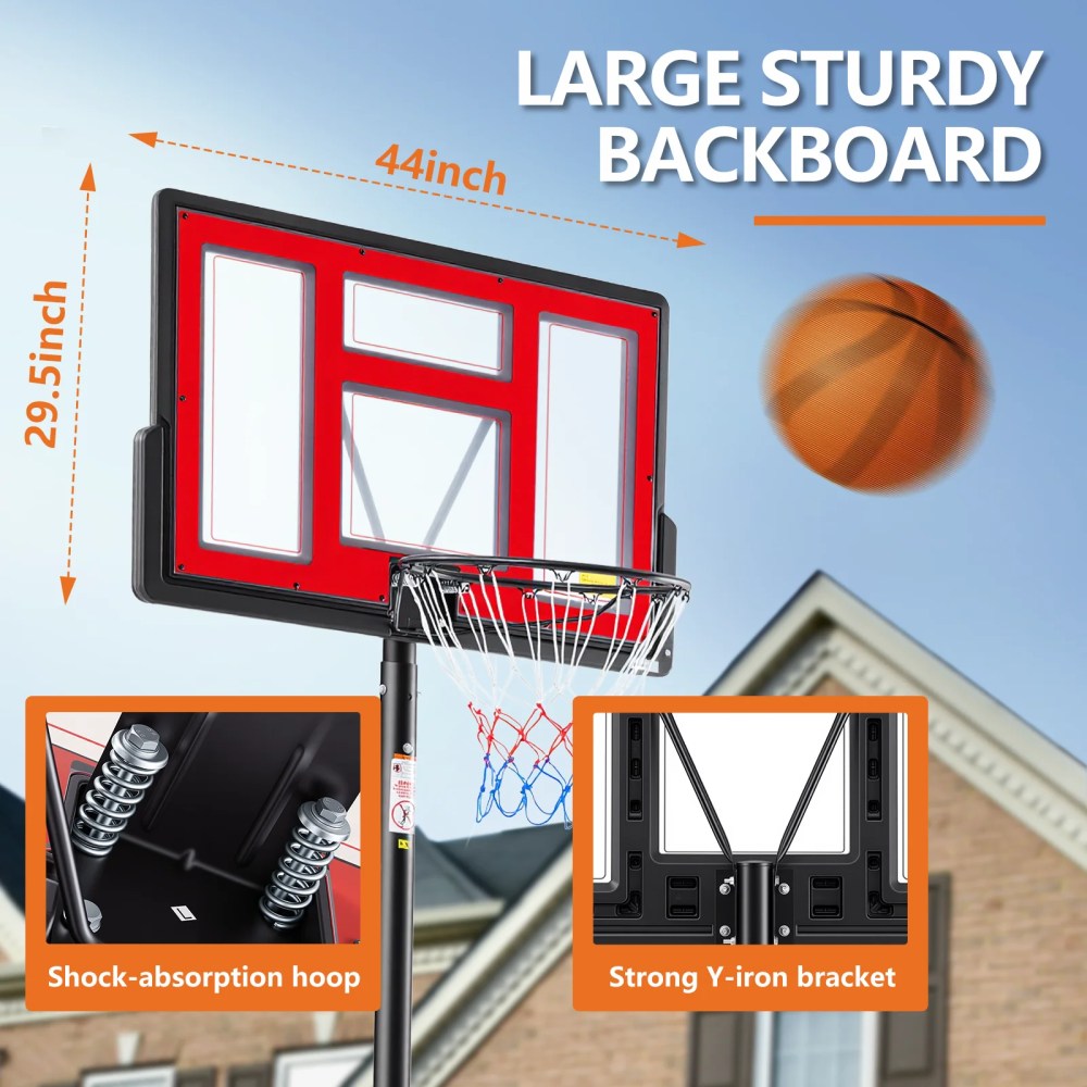 JIOABL 6.1ft-10ft Adjustable Height 44" Outdoor Basketball Hoop for Adult, Red - Image 6