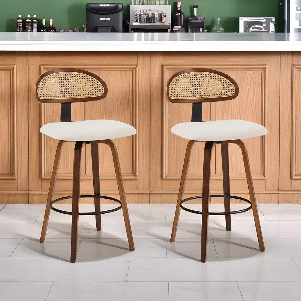 360'Swivel Rattan Bar Stools Set of 2,Counter Height Modern Kitchen Island Stools With Footrest,Uphostered Cushion,Comfortable Durable,White
