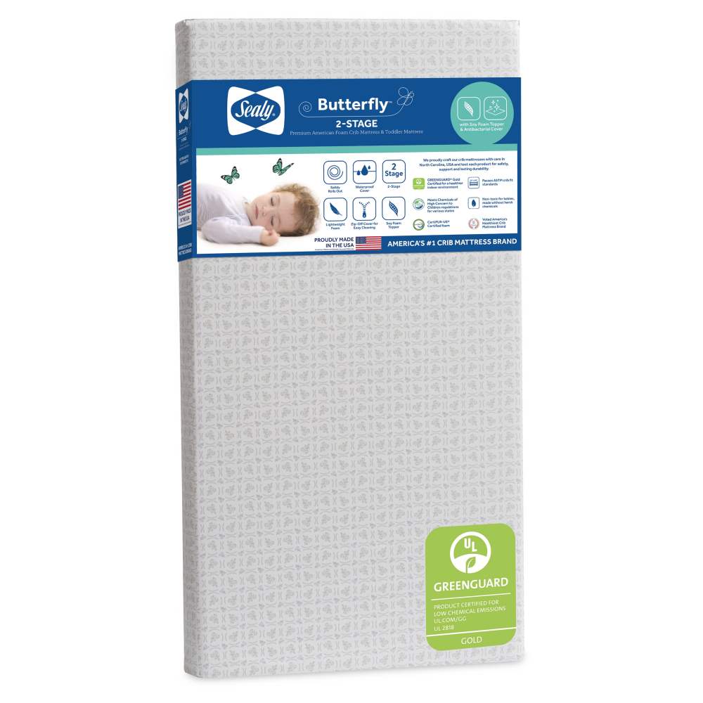 Sealy Butterfly Premium Firm Foam Crib Mattress and Toddler Mattress, Hospital-Grade Cover