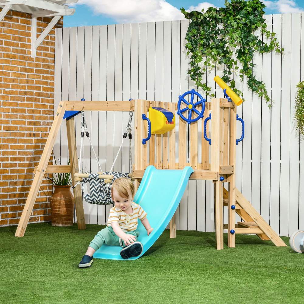 Outsunny Wooden Toddler Playground with Baby Swing Set,  Ages 1.5-4, Natural