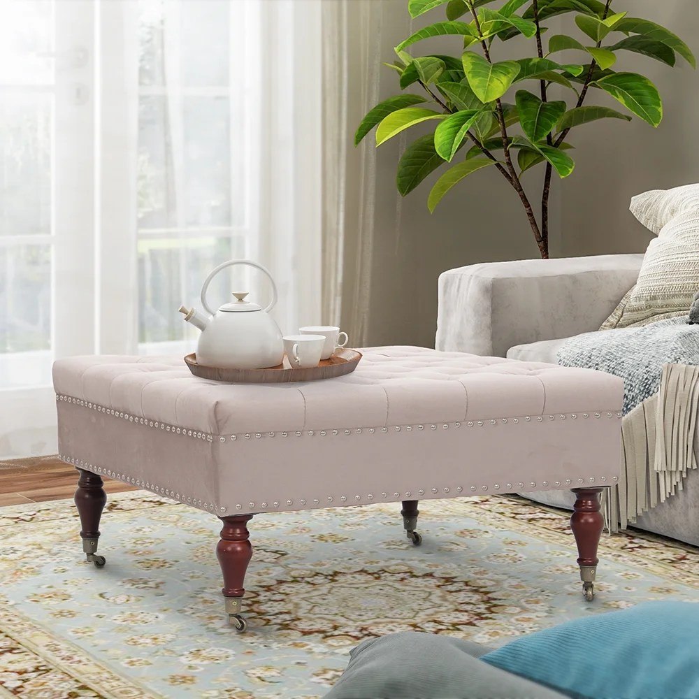 Abble 34in Square Beige Tufted Upholstered Indoor Cocktail Ottoman Living Room Coffee Table with Wheels