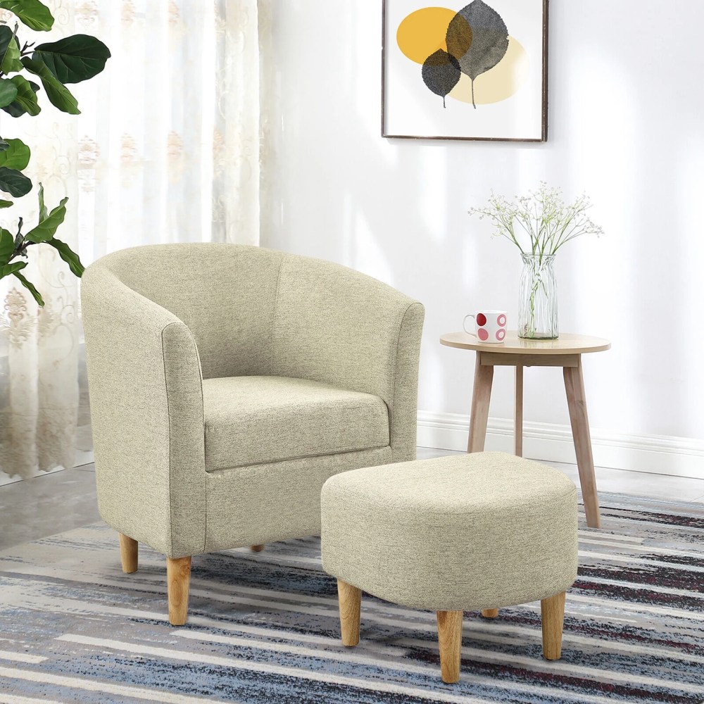 Accent Arm Chair with Ottoman,Modern Home Leisure Reading Chair Footrest Single Sofa,Light Yellow