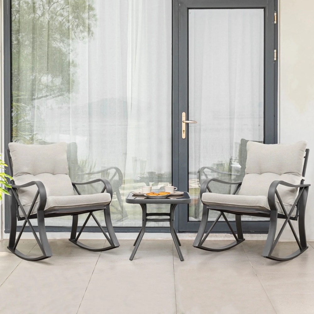 VENTOPYR 3 Piece Rocking Chair Bistro Set,Patio Outdoor Furniture w Cushions,Glass-Top Table