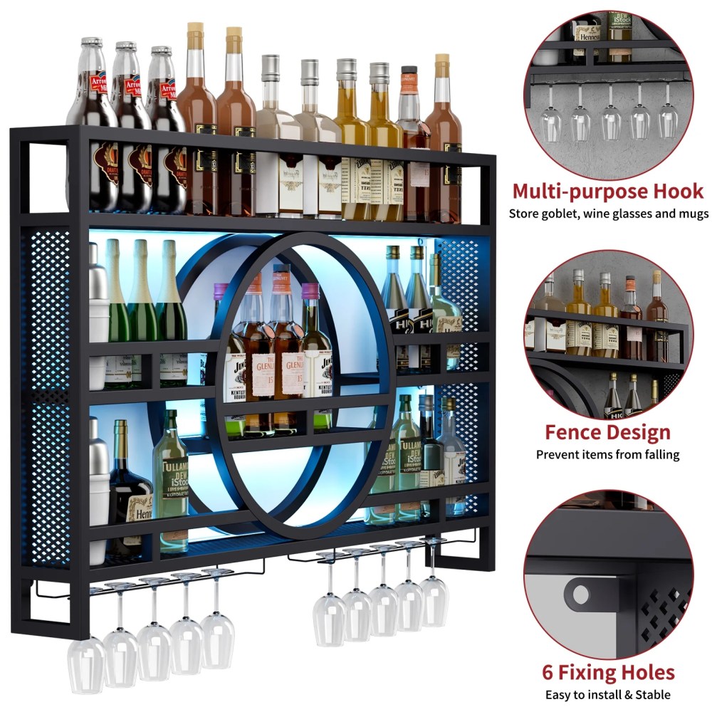 3-Tier Industrial Wine Rack Wall Mounted with LED Light,Floating Bar Shelves with Wine Glass Holder Hanging Liquor Shelf,Wall-Mounted Wine Racks Cabinets for Home Bar No Assembly Required 39 in - Image 2