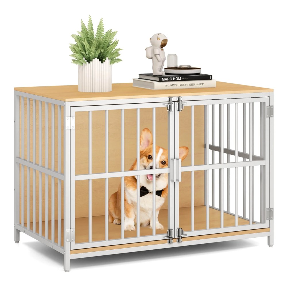 Costway 40" Heavy-duty Dog Crate Furniture with 2 Lockable Doors for Small Medium Breeds Natural