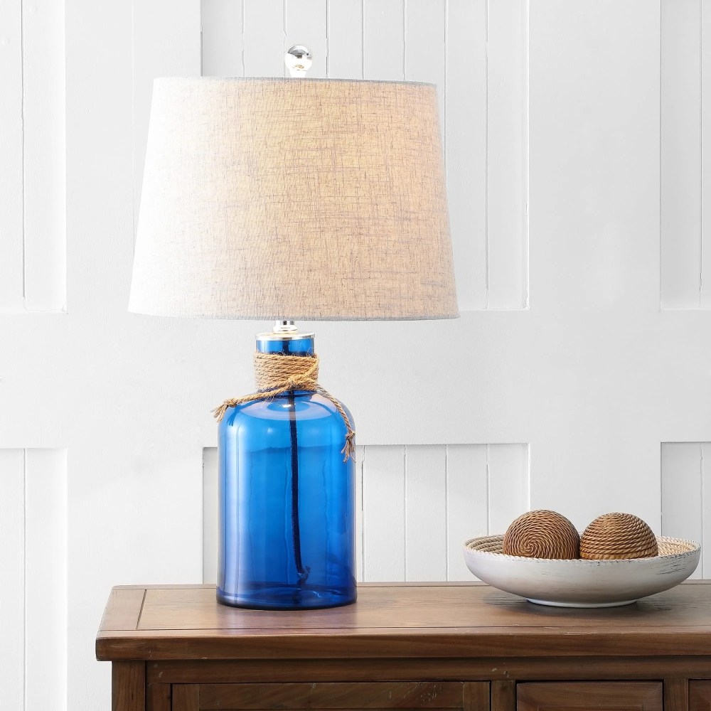 JONATHAN Y Azure 23.5" Glass Bottle LED Table Lamp, Cobalt/Natural, JYL1004A