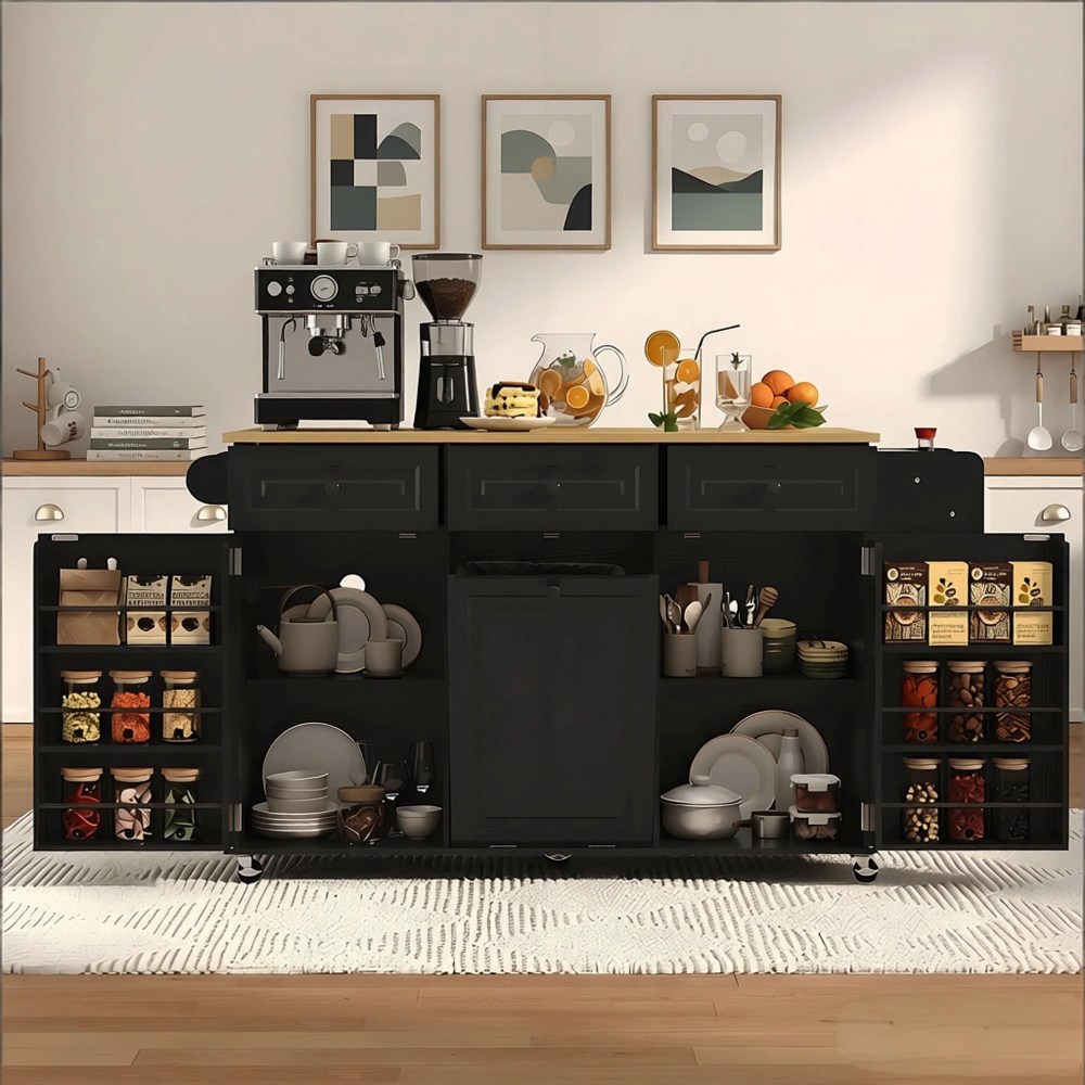 63" Drop-Leaf Kitchen Island Cart with & Sliding Top,Rolling Island Table with Trash Can Storage & Power Outlet,100lbs Load Capacity