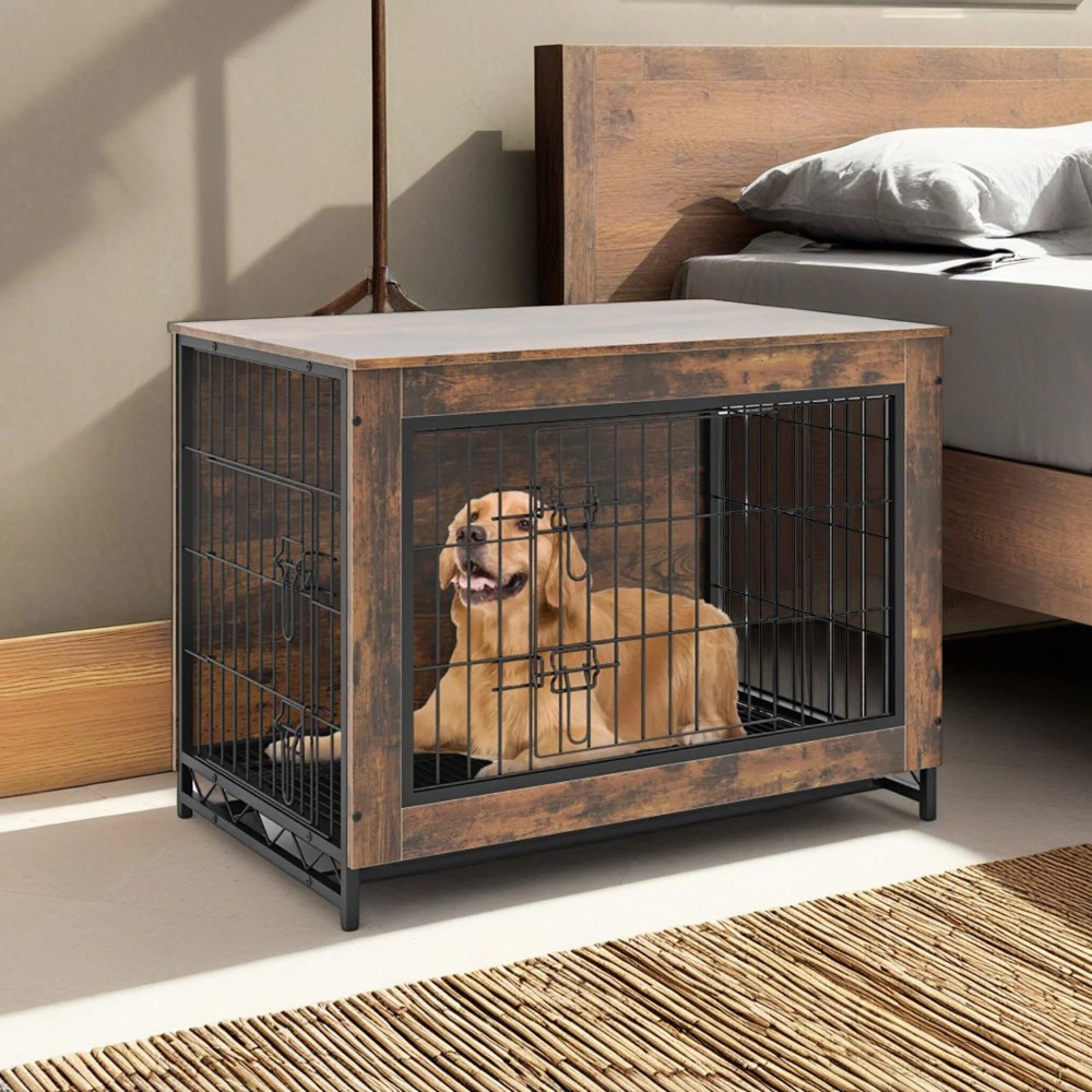 Demi Bonn 32" Dog Crate Furniture,  Indoor Dog Kennel with Double Lockable Doors and Removable Tray,  Decorative Pet Cage Dog House,  Brown