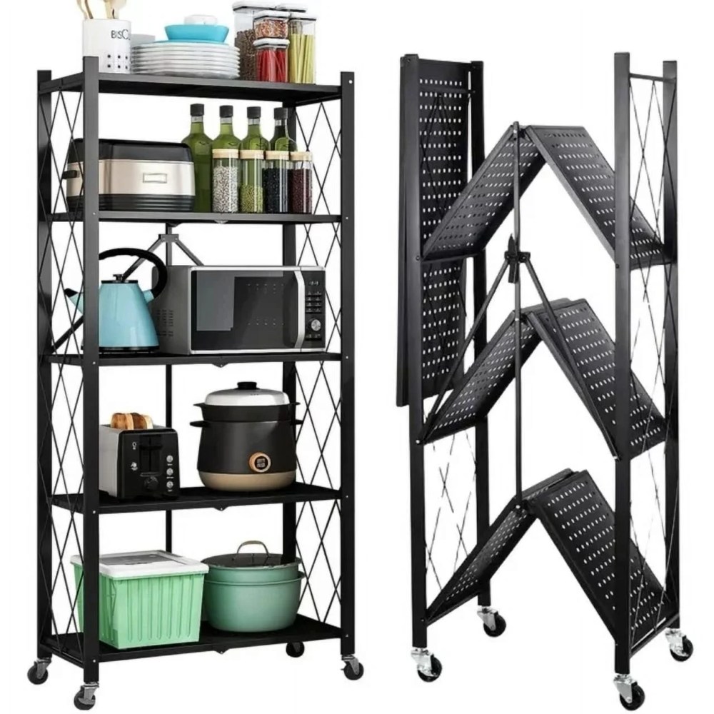 5 Tier Storage Shelves with Wheels 27.9"x 13.4" x 62.5" Collapsible Kitchen Rolling Cart,Metal Garage Shelving,Foldable Shelf with Wheels, Storage Rack on Wheel,Foldable Shelf Unit