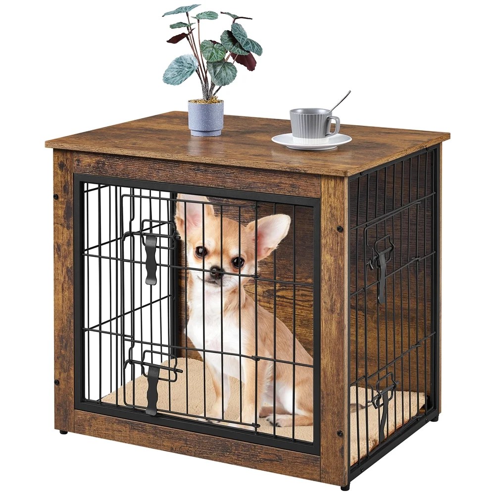 Alden Design 27.5" W Dog Crate Furniture Small Rustic Industrial Wooden Dog Kennel