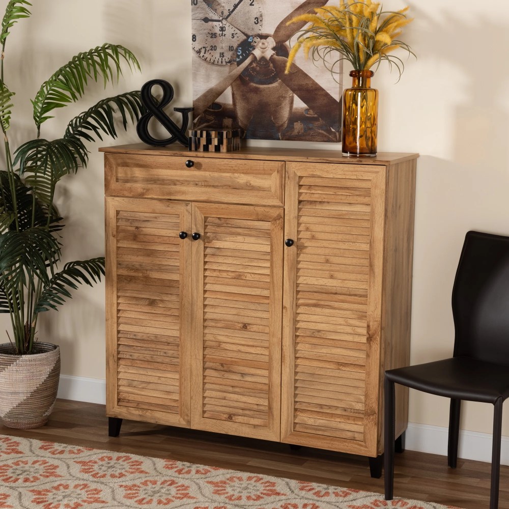 Baxton Studio Coolidge Modern and Contemporary Oak Brown Finished Wood 3-Door Shoe Storage Cabinet with Drawer - Image 4
