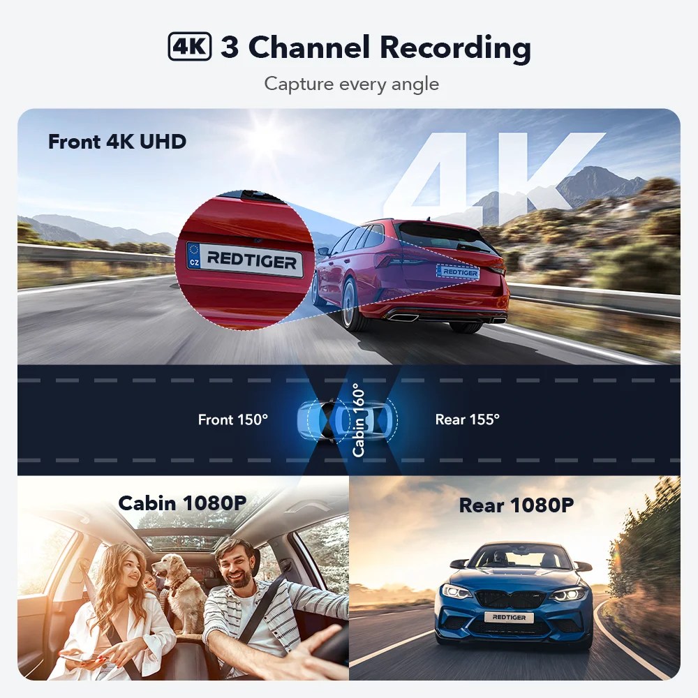 REDTIGER 4K 3 Channel Dash Cam Front and Rear, Dash Camera with 5G WiFi, Front Inside and Rear Triple Car Camera with 64GB Card, GPS, IR Night Vision, 24H Parking Mode, G Sensor - Image 4