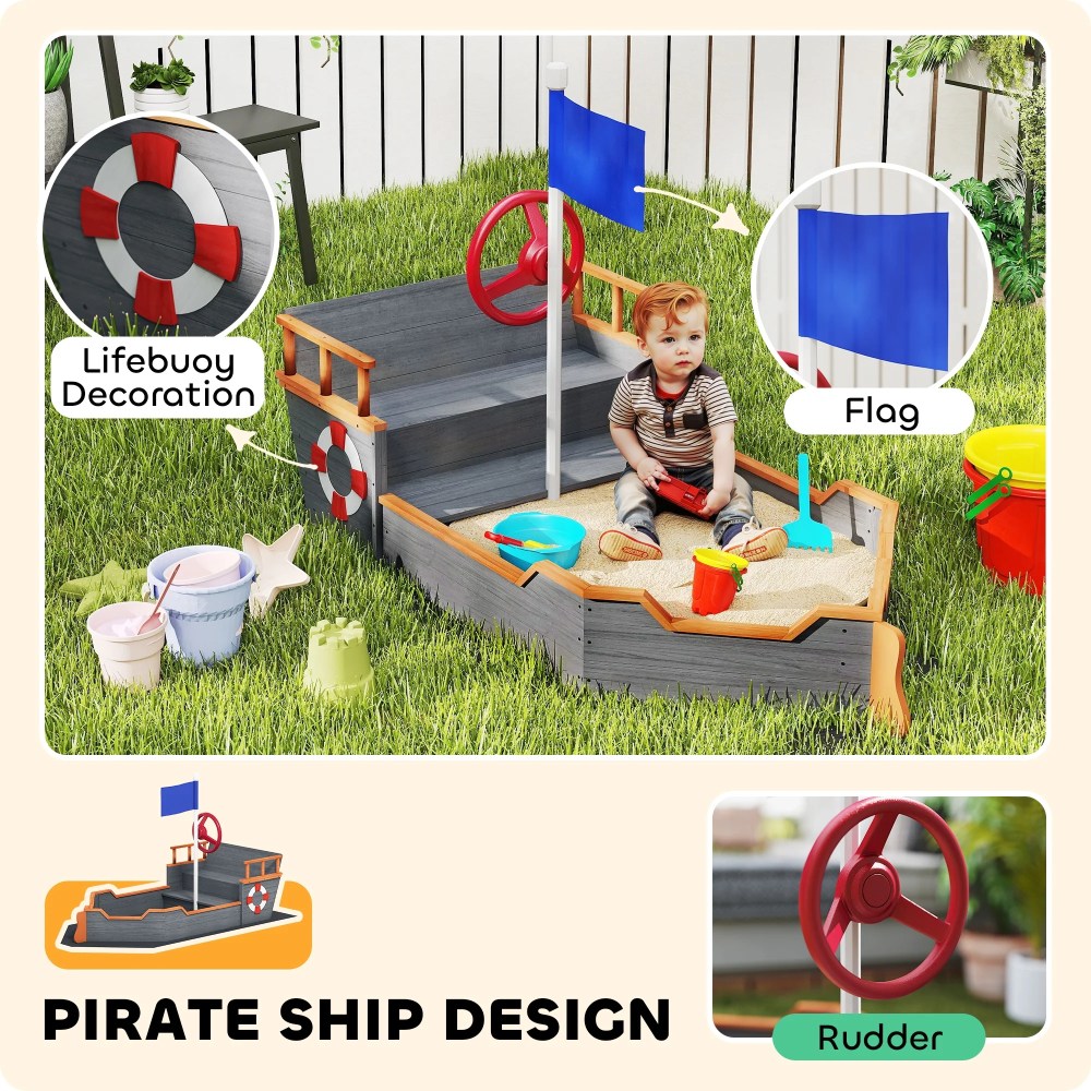 Outsunny Wooden Kids Pirate Sandbox, Outdoor Sandboat with Bench Seats, Storage, Non-Woven Fabric Cloth for Backyard, Lawn, Gray - Image 4