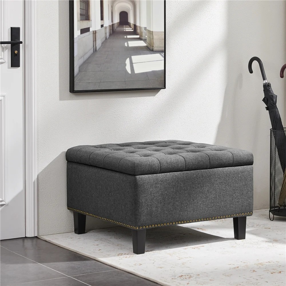 Alden Design Modern Linen-like Storage Ottoman Bench with Button-Tufted for Entryway,Dark Gray - Image 8