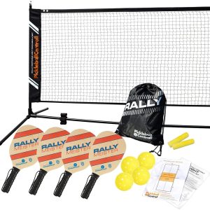 Rally Meister Complete Beginner Pickleball Set with Portable Pickleball Net (Net 4 Paddles 4 Pickleballs Drawstring Bag Rules/Strategy Guide Line Chalk)