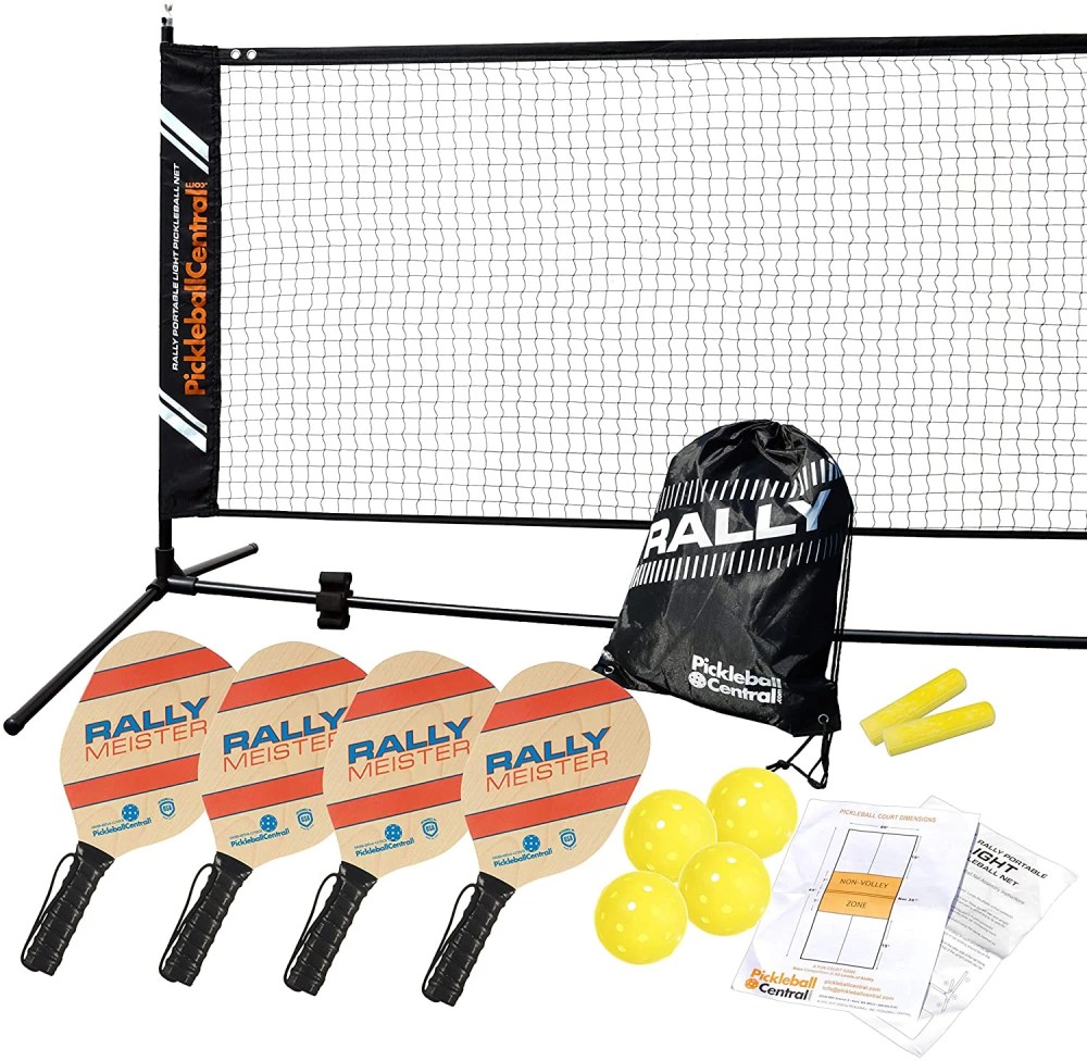 Rally Meister Complete Beginner Pickleball Set with Portable Pickleball Net (Net 4 Paddles 4 Pickleballs Drawstring Bag Rules/Strategy Guide Line Chalk)
