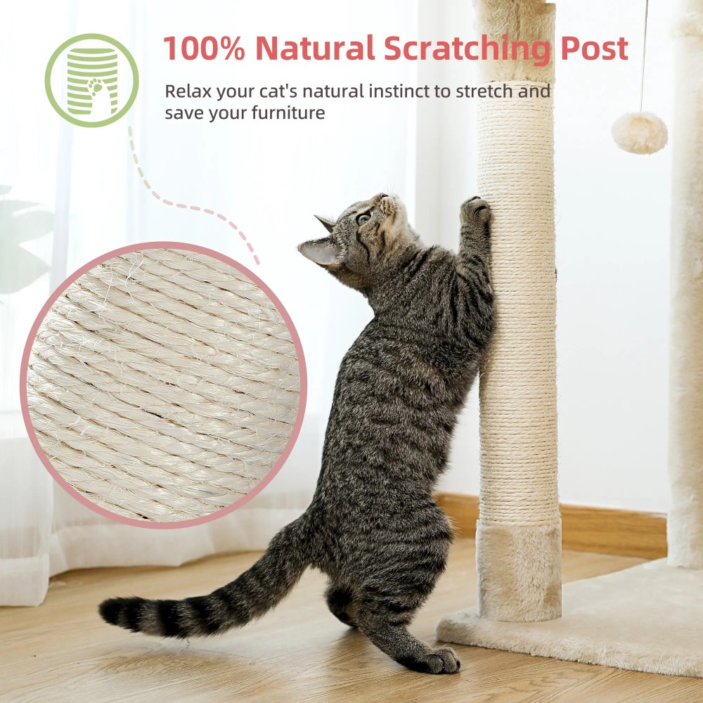 Demi Bonn Floor to Ceiling Cat Tree for Indoor 92"-101" Height Adjustable Cat Tower, Kitty Climbing Play House with Cozy Cat Condo, Perches and Hammock, Beige - Image 7
