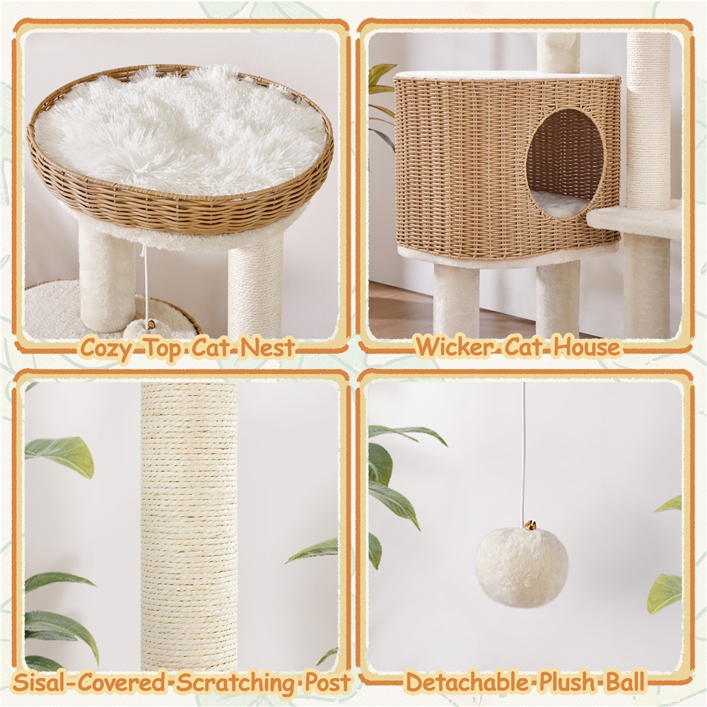 Yaheetech 35.8" Tall Rattan Cat Tree with Woven Condo and Nest, Beige - Image 7