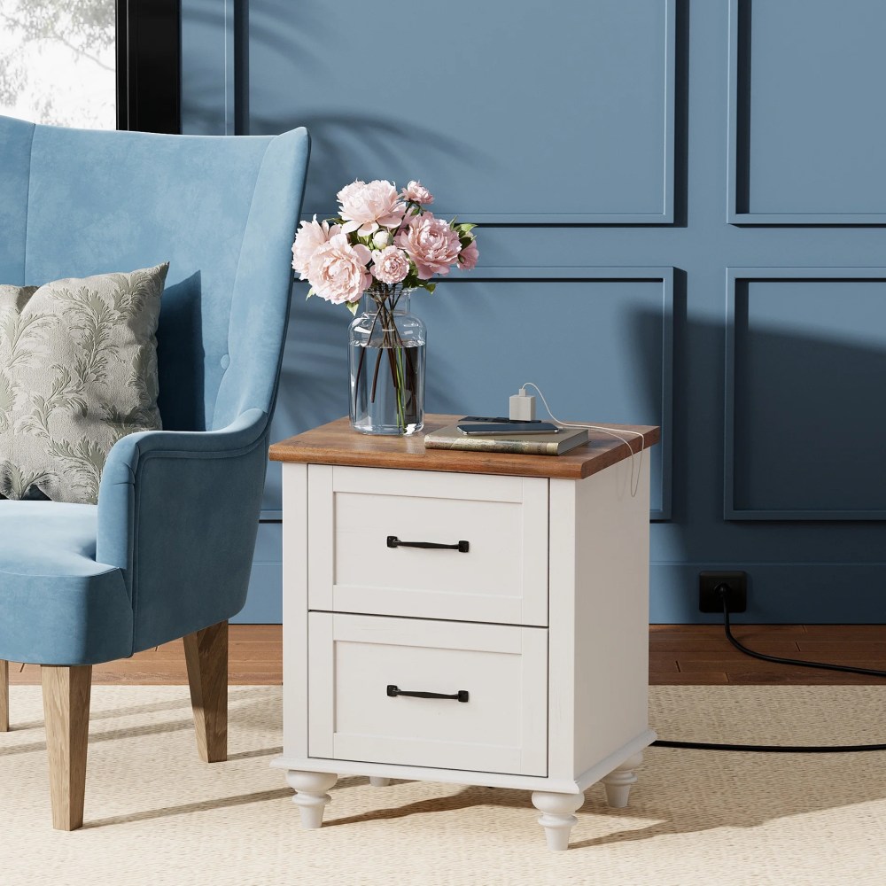 End Table with Charging Station Farmhouse Wooden NightStand Sofa Side Table with 2 drawers for Bedroom Living Room,White