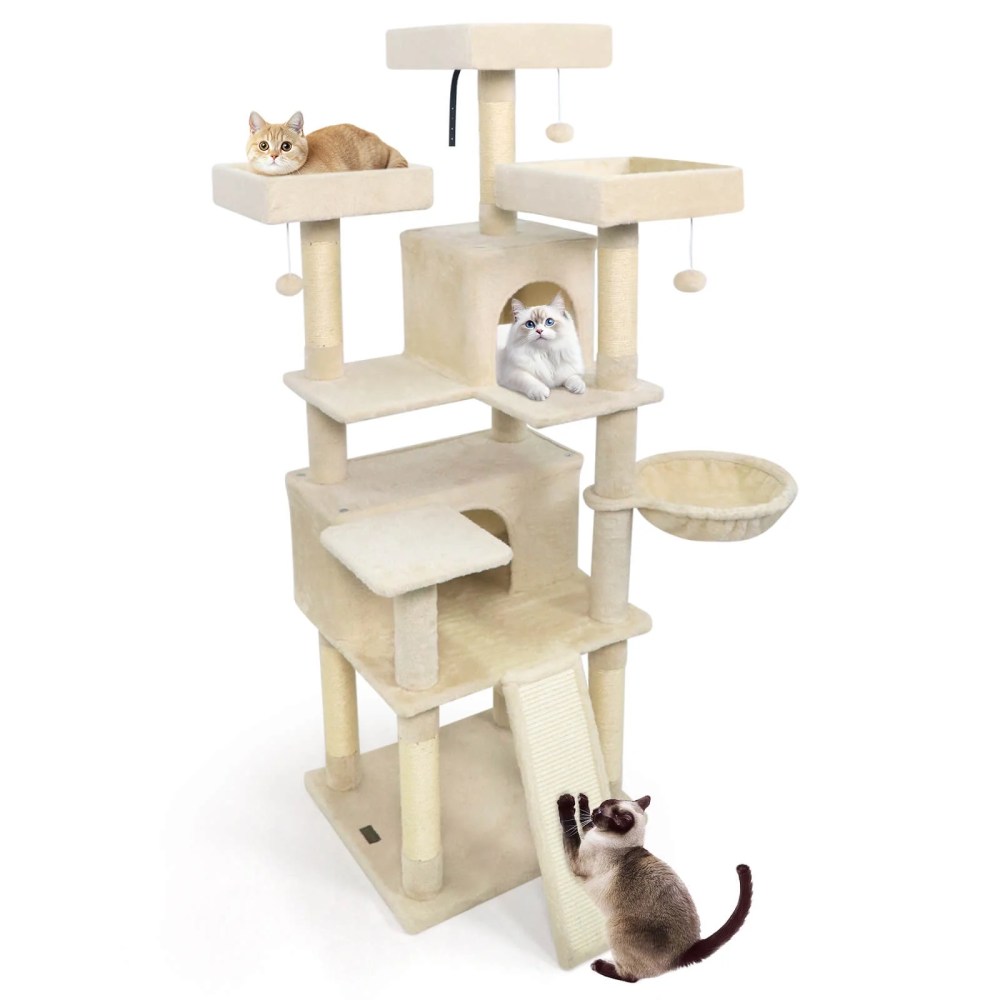 Costway 65" Tall Multi-level Cat Tree with 3 Upholstered Top Perch 2 Cat Condos Cat Basket Beige