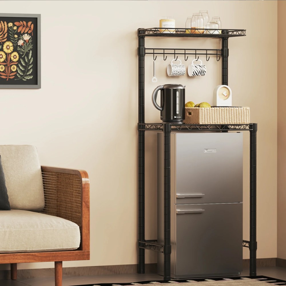 2-Tier Mini Fridge Storage Shelf Mini Fridge & Microwave Stand,Adjustable Metal Organizer Storage Rack with 7Hooks,Multifunctional Bakers Rack Coffee Bar Table for Kitchen Office Dorms Bedroom - Image 4
