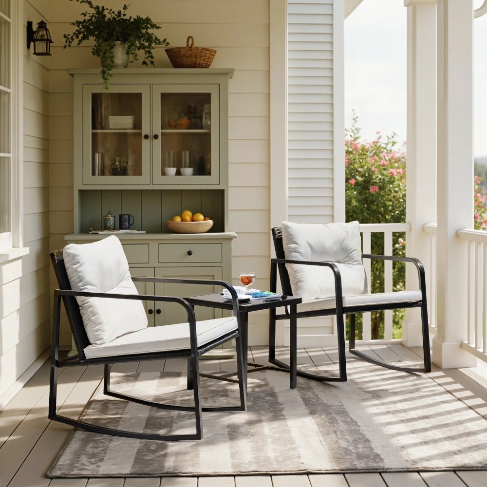 Lacoo 3 Pieces Outdoor Rocking Chair Furniture Sets Modern Patio Furniture Set Rocking Wicker Bistro Sets Cushioned PE Rattan Chairs Conversation Sets with Glass Coffee Table, White