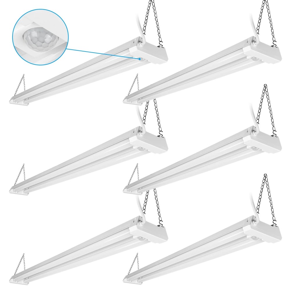 6 Pack Motion Sensor 4FT LED Utility Shop Light, 40W Plug in Linkable Light Fixtures, for Garage, Workshop, 4000lm, 5000K Daylight, Suspension & Flush Mount, FCC, ETL Certified