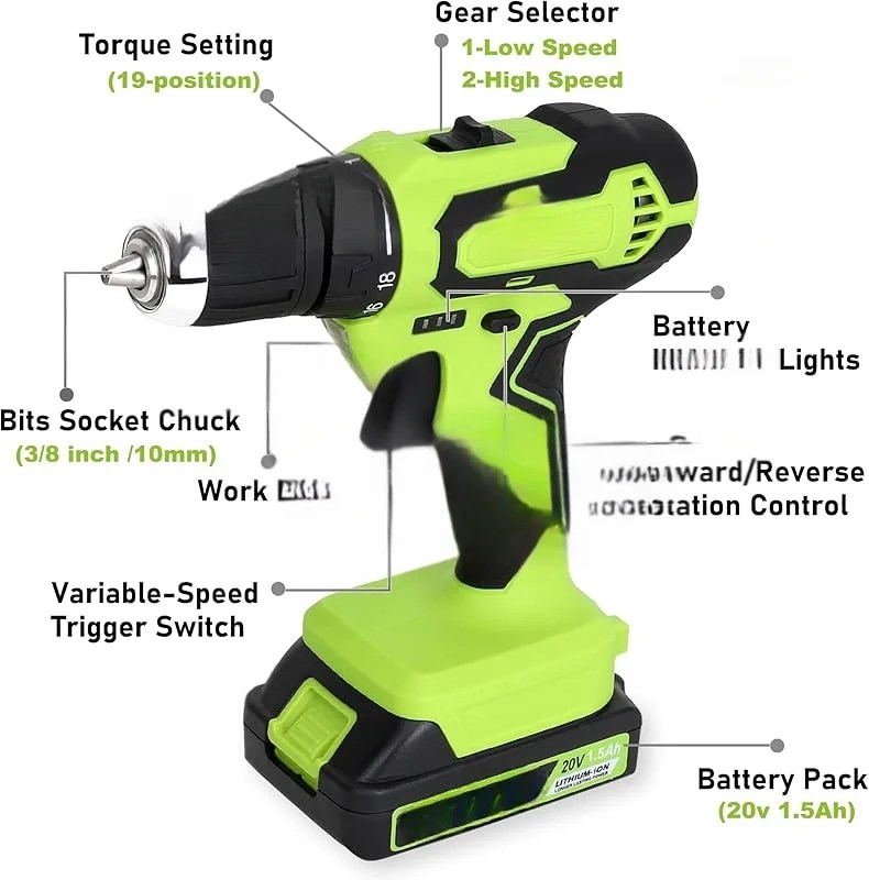 177-Piece 20V Cordless Lithium-ion Drill Driver and Home Tool Set,Household Repairing Kit with in Storage Case,Green - Image 6