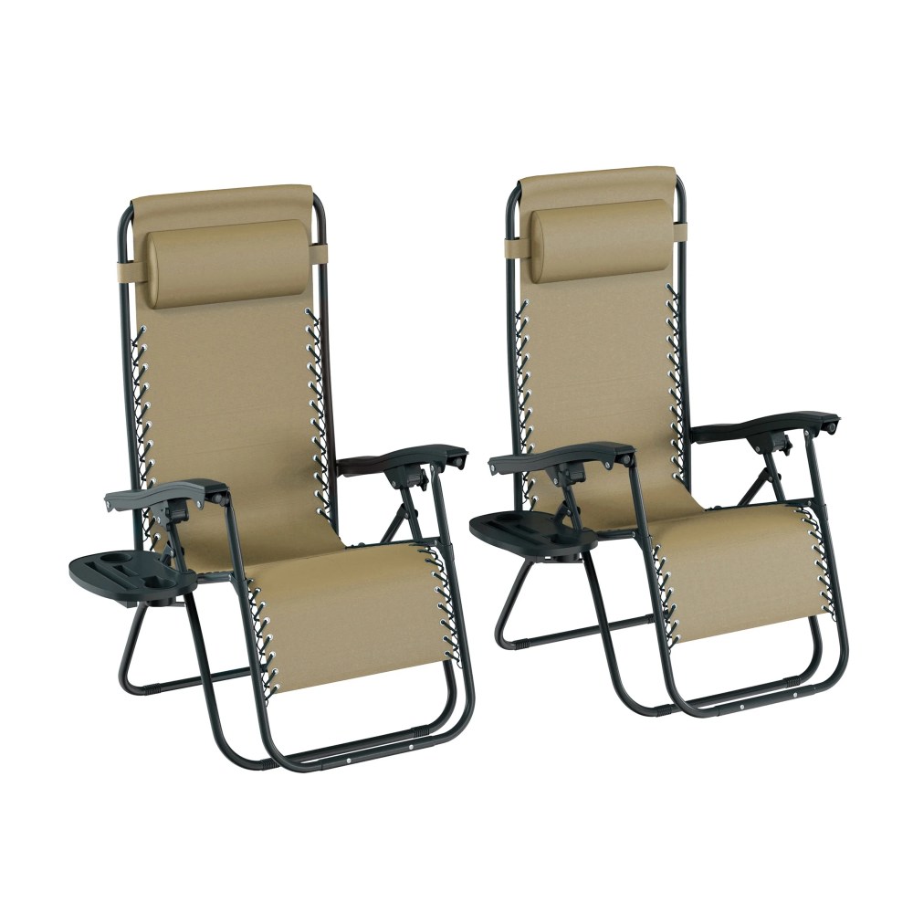 Lavish Home Zero Gravity Lounge Chairs, Set of 2 Folding Recliners with Side Table, Cup Holder & Pillow, Beige