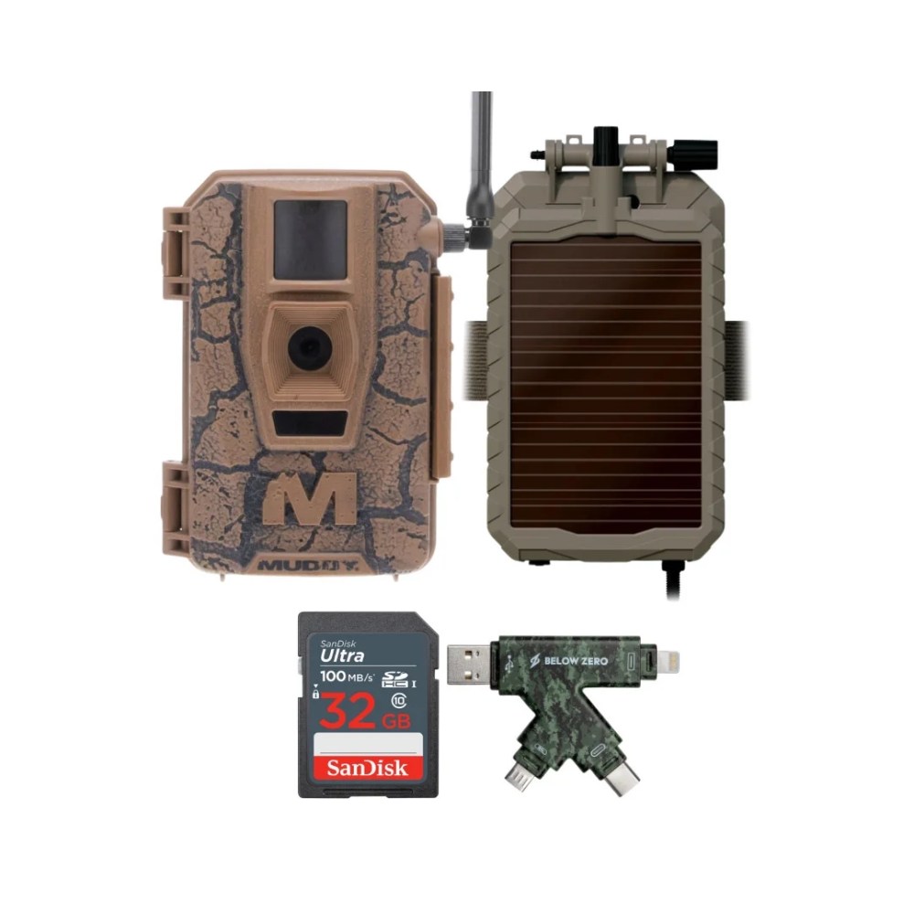 Muddy Mitigator Cellular 24MP Imaging Trail Camera with 80 Feet Detection and Flash Range Bundle with Solar Power Panel,  32GB Memory Card,  and USB 2.0 Card Reader (4 Items)