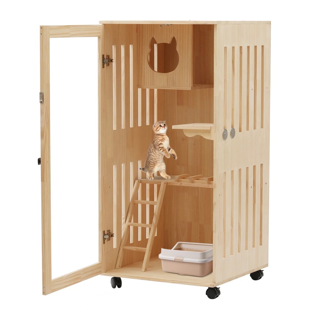 ChicHomey Large Wooden Cat House for Cats, Multi-Feature Cat Condo with Cat Scratching Posts Oversized Cat Villa on Wheels, Ventilated Design Safe Cozy Sleeping Playing Space - Image 6