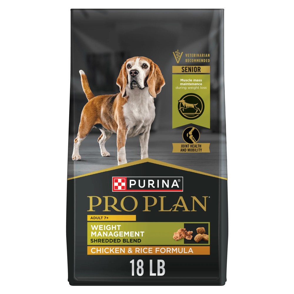 Purina Pro Plan Adult 7 Plus Weight Management Shredded Blend Chicken and Rice Formula Dog Food Senior Formula,  18 lb Bag