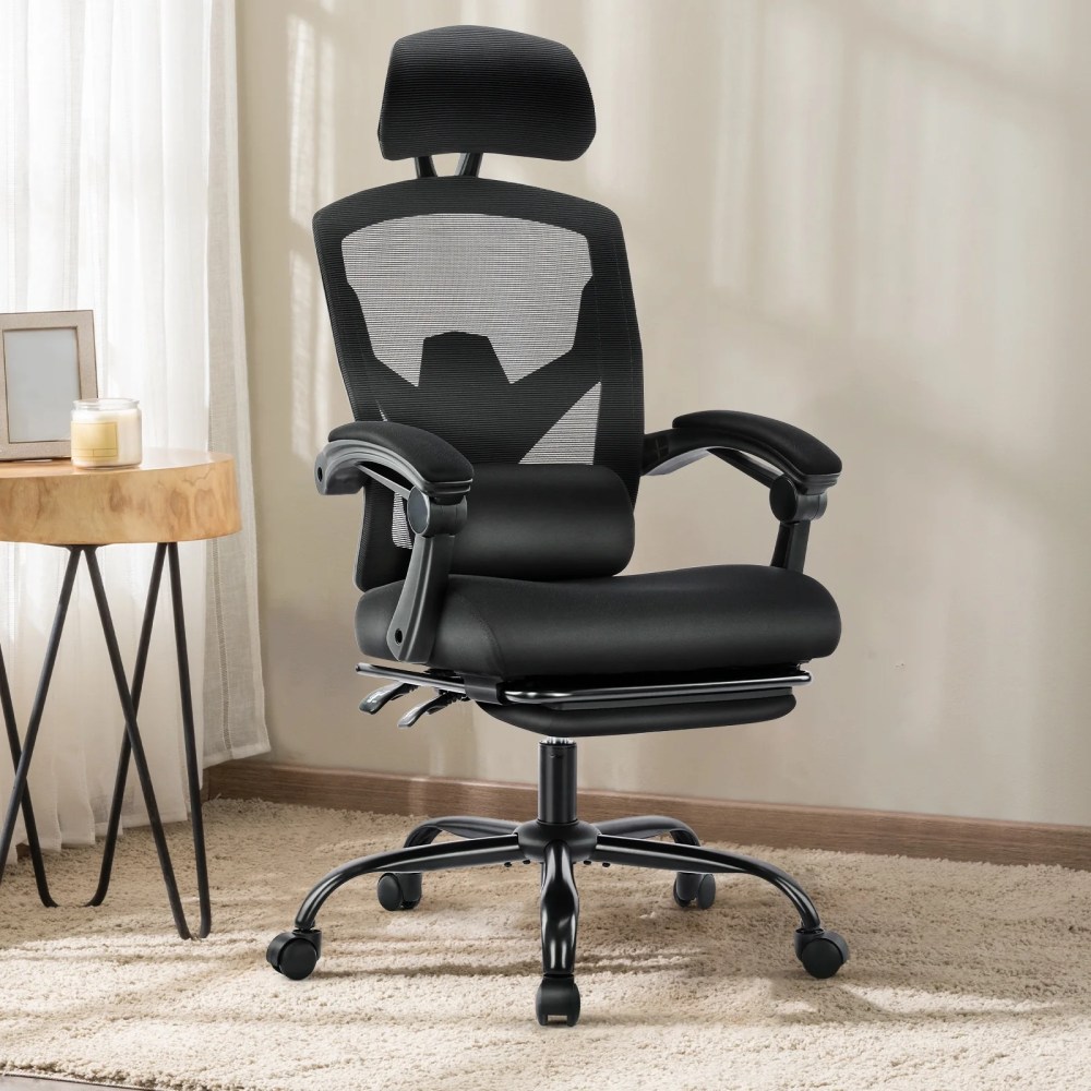 JIOABL Ergonomic Office Chair - High Back Mesh,Reclining with Lumbar Support,Adjustable Headrest,Footrest & Padded Arms,Black