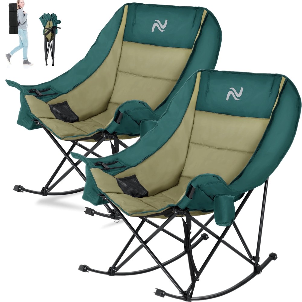 ABORON Oversized Rocking Camping Chair, 2-Pack Folding Camping Rocker Chair, Fully Padded Patio Chair with Cooler Bag and Side Pocket, Portable Outdoor Recliner Chair, Lawn Chairs with Carrying Ba