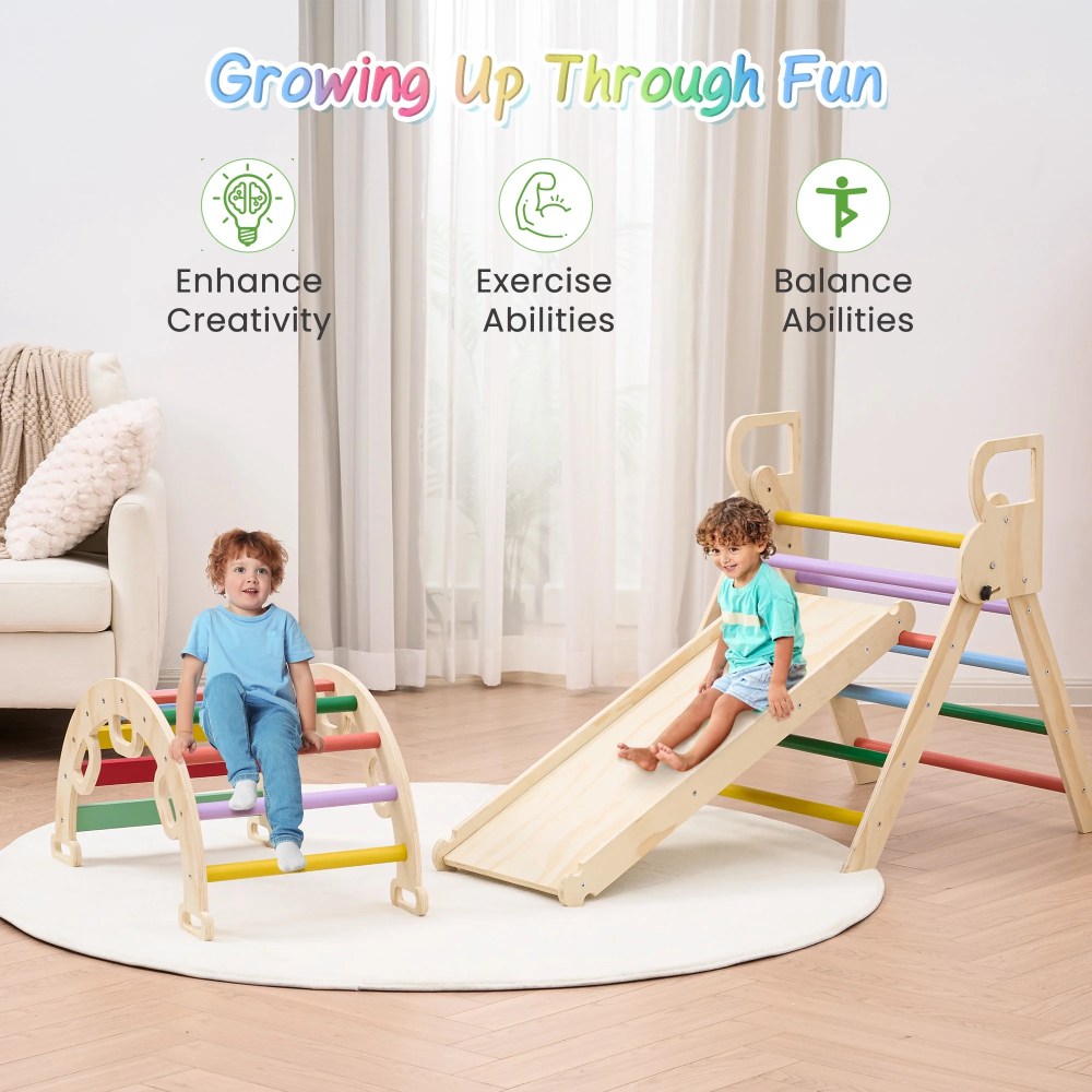 Naipo Pikler Triangle Set, Climbing Frame 8 in 1 Toddler, Wooden Climbing Indoor Kids Playground, Jungle Gym Play Set for Toddler, Baby, 3-Piece Rainbow - Image 5