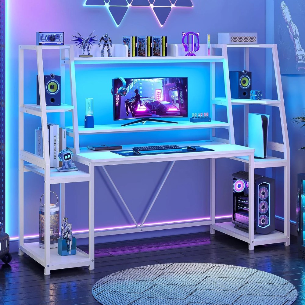 White Gaming Desk 65.7" with LED Lights,Hutch and Storage Shelves,Computer Desk with Monitor Stand,Large PC Gamer Desk Workstation,Ergonomic Gaming Table for Bedroom,Living Room