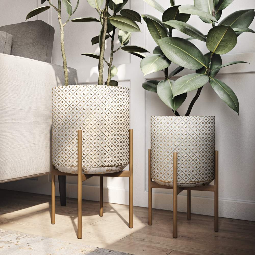 Lacey Bronze Metal Embossed Indoor Pot Planters (Set of 2) - 20.5" x 13.5"