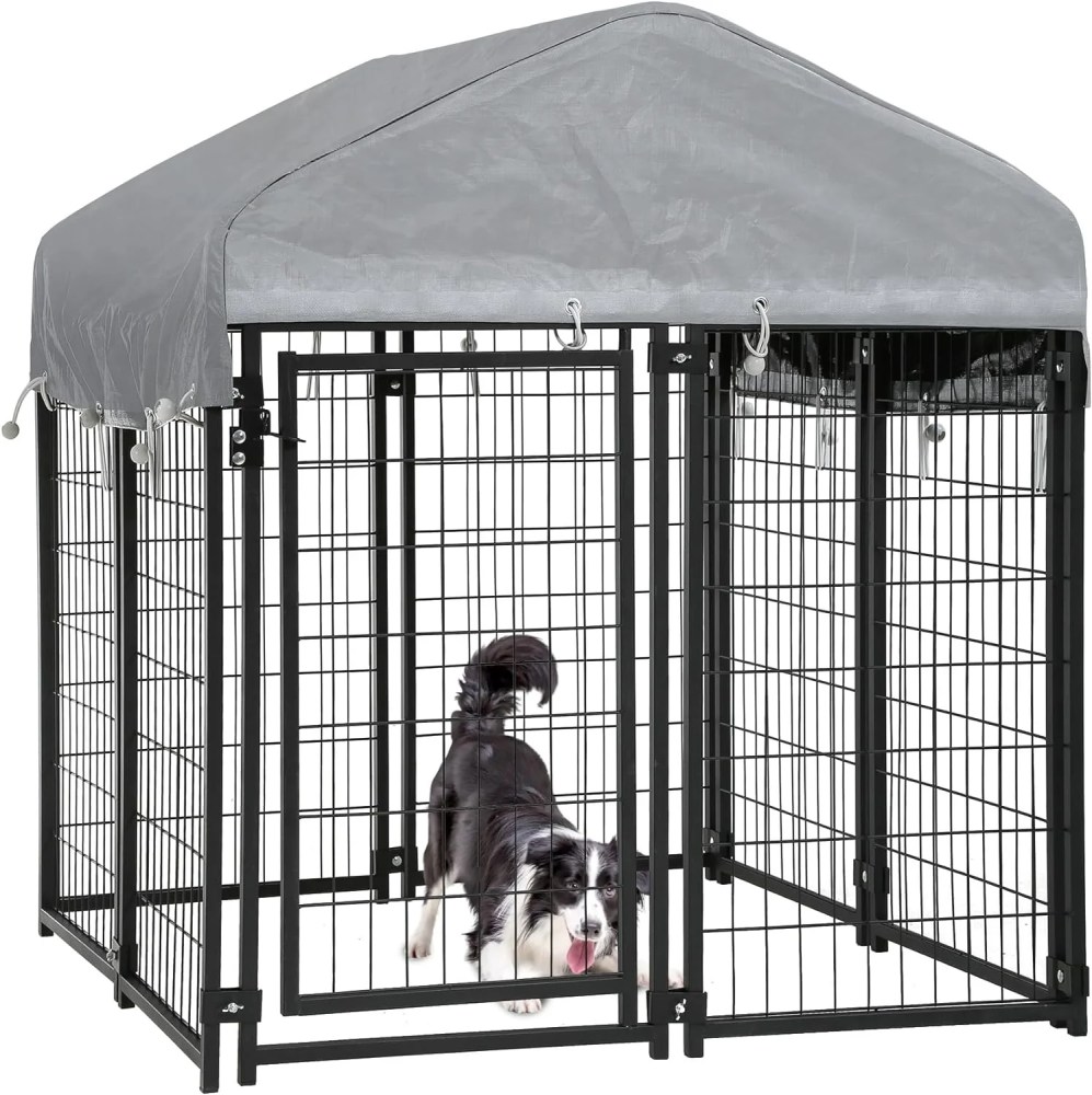 CL.HPAHKL Outdoor Dog Kennel 4X4X4.4 FT Heavy Duty Playpen Dog Crate Cage with UV-Resistant Waterproof Roof Cover,  Dog Run Enclosure with Secure Lock Pet Kennel Fence