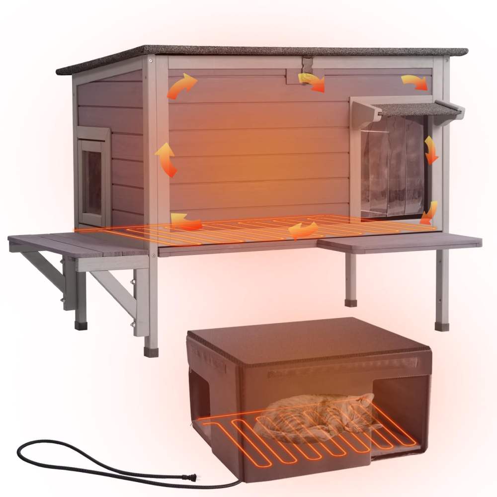 MEDEHOO Heated Cat House for Outside Cats Winter, 100 Waterproof Insulated Outdoor Cat Shelter with Heater & Insulated Liner