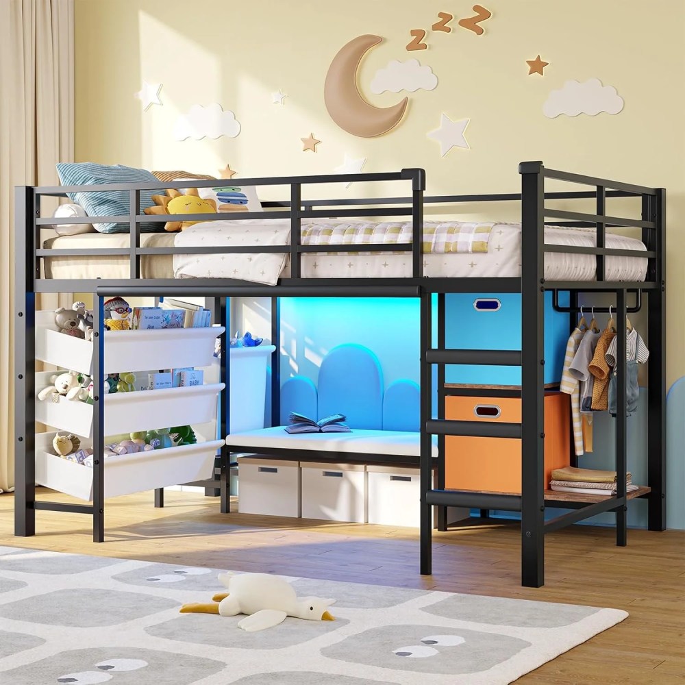 Aunfebrco Metal Loft Bed Twin Size with Stairs & LED Lights & Storage Drawers & Reading Bench,Low Loft Bed with Bookshelf & 2 Movable Storage Bins & Guardrail & Stairs for Bedroom,Black
