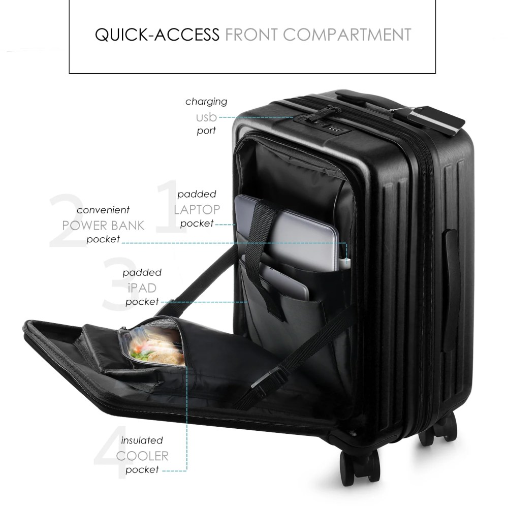 Virtu 20 inch Hardside Carry-On Expandable Luggage,Front Pocket Luggage Set Spinner Suitcase Set,Black - Image 6