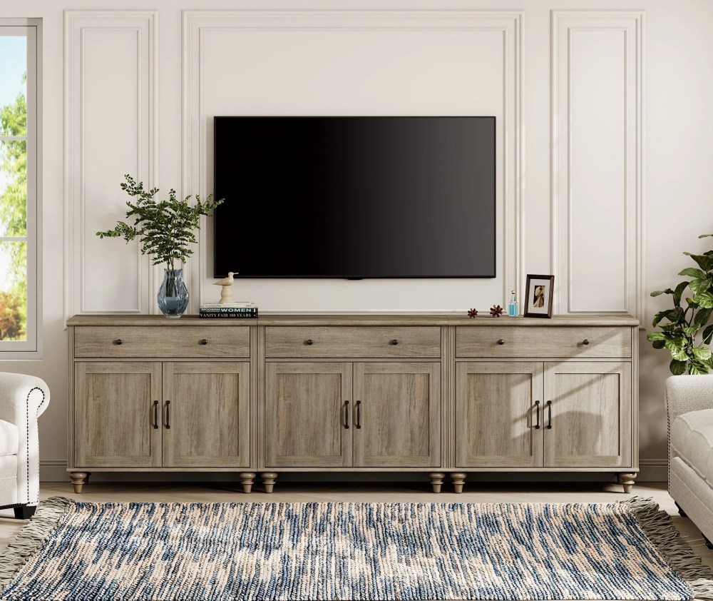 Wash Gray Farmhouse TV Stand for 85 inch TV with Drawers & Doors