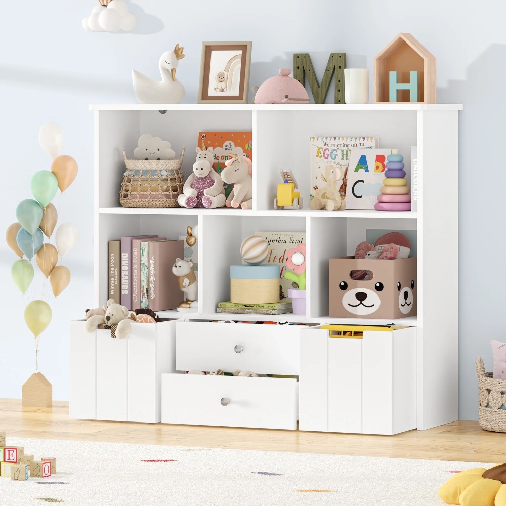 Homfa Kids Toy Storage Organizer,5 Cubby Children Bookcase and Bookshelf with 4 Drawer on Wheels for Playroom,White - Image 2