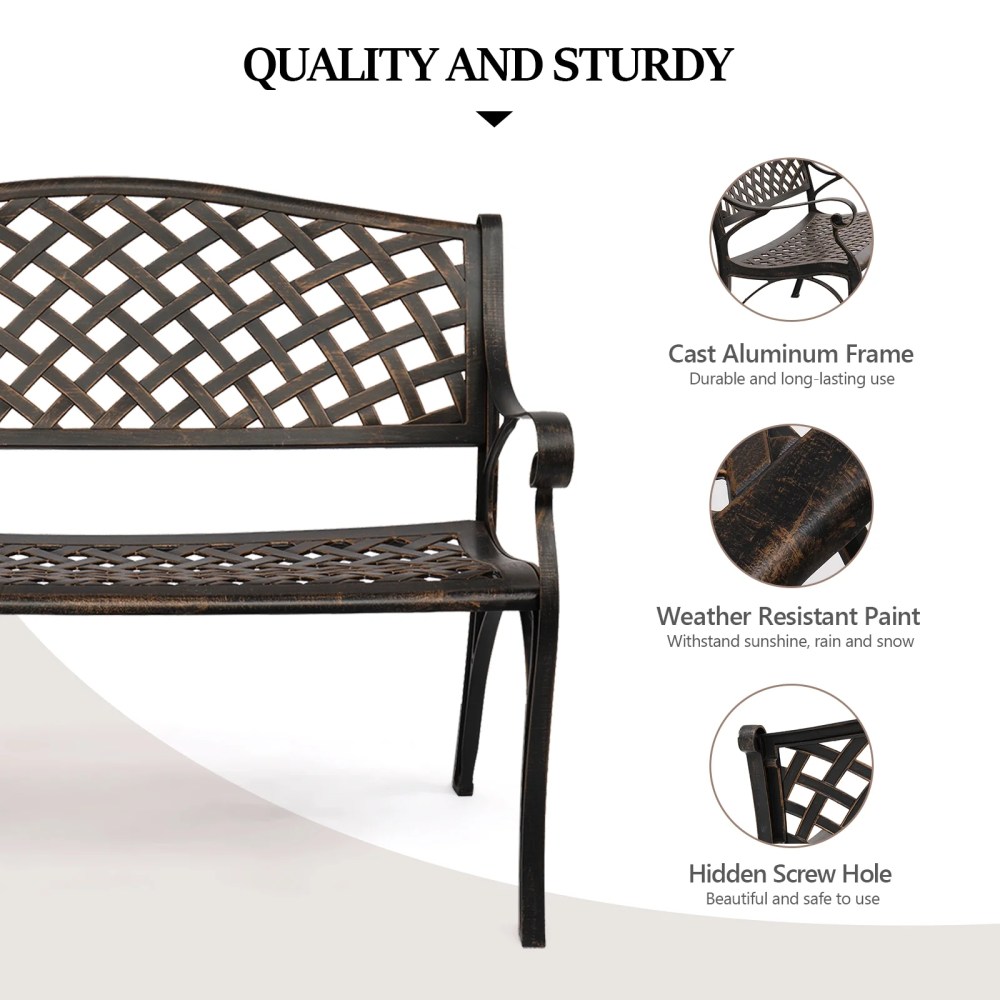 VINGLI 40.5" Patio Garden Bench, Anti- Rust Cast Iron Cast Aluminum Frame for Outdoor Path Yard Lawn Work Entryway Decor Deck,Bronze - Image 7