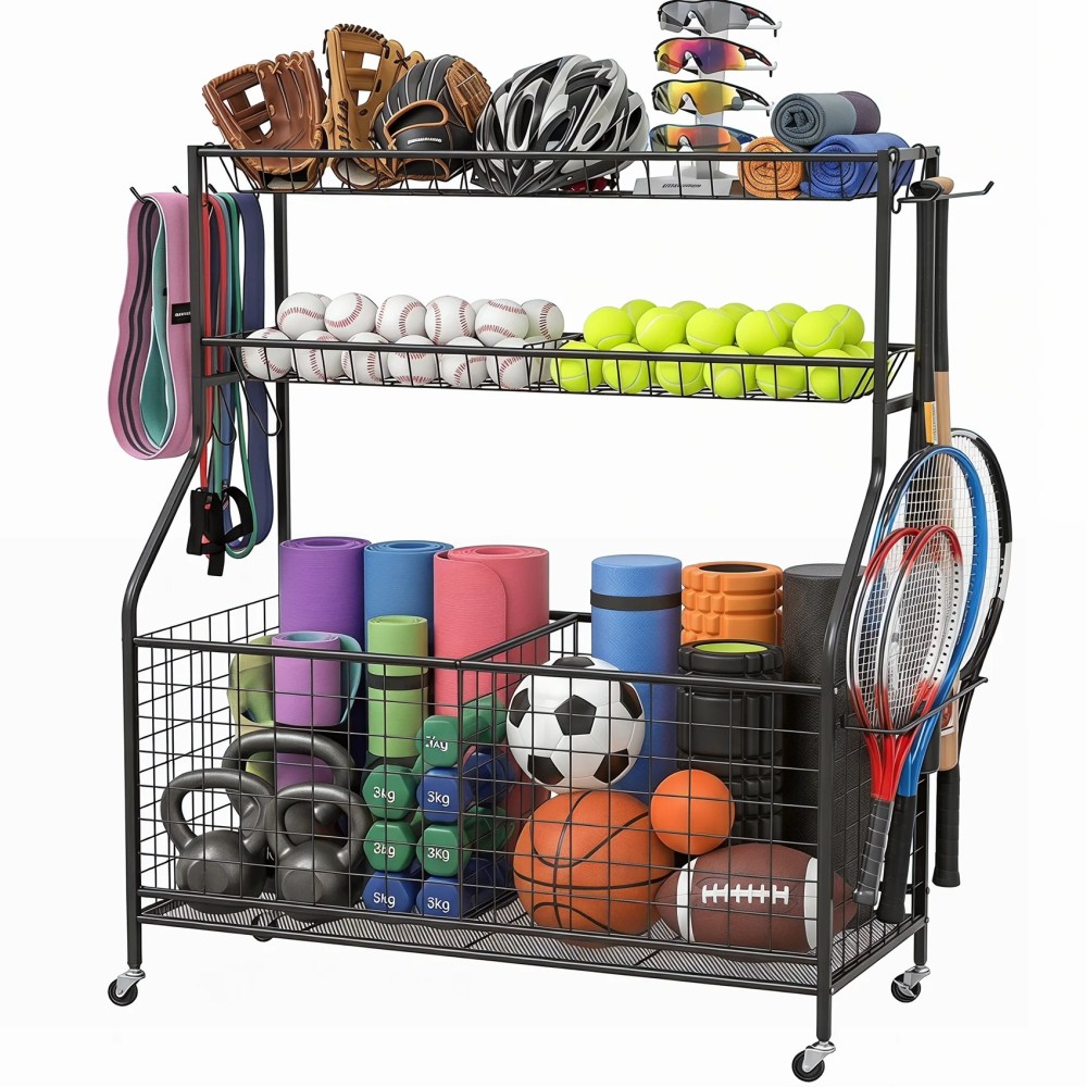 Ztysn Sports Equipment Ball Storage Rack Organizer, Garage Organizer with Baskets and Hooks, Sports Gear workout fitness Storage for Gym, Club, Basement, Metal/Black