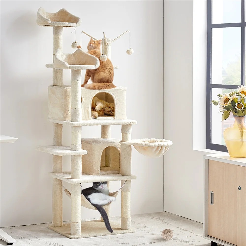 Alden Design 67" H Large Multi-Level Cat Tree with 2 Cat Condos for Indoor Cats, Beige - Image 9