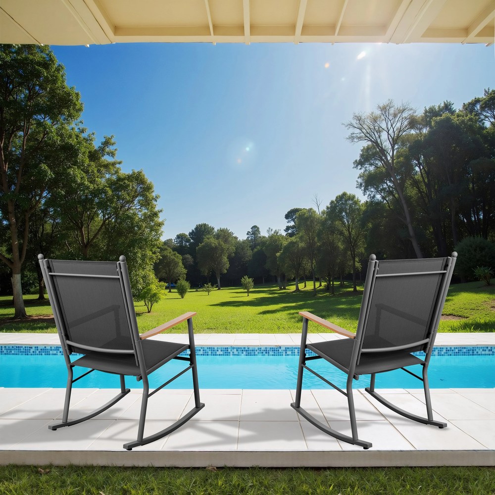 Walsunny Outdoor Patio Chairs Set of 2 Rockers Metal Rocking Chairs Furniture for Porch Backyard Lawn Garden, Black - Image 2