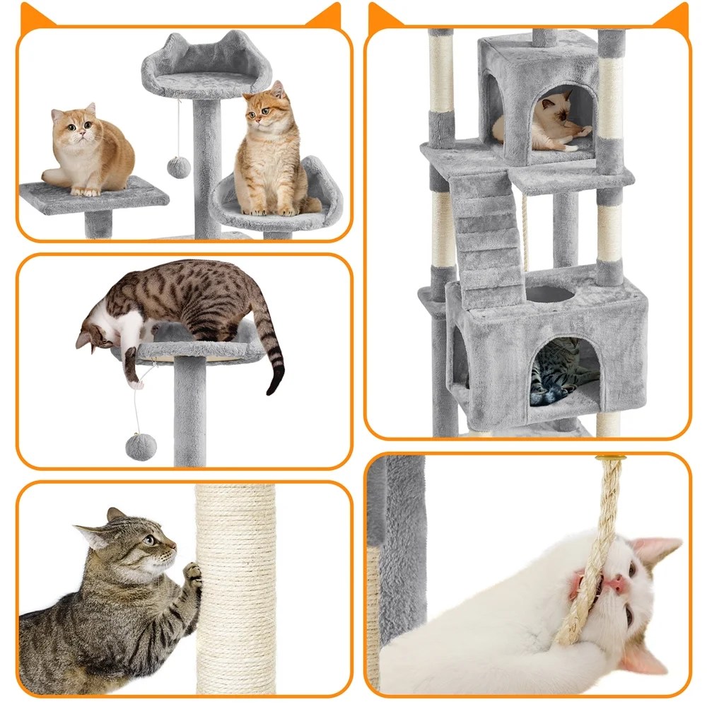 Alden Design 72" H Multi-Level Large Cat Tree with 2 Cozy Perches for Medium Cats, Light Gray - Image 7